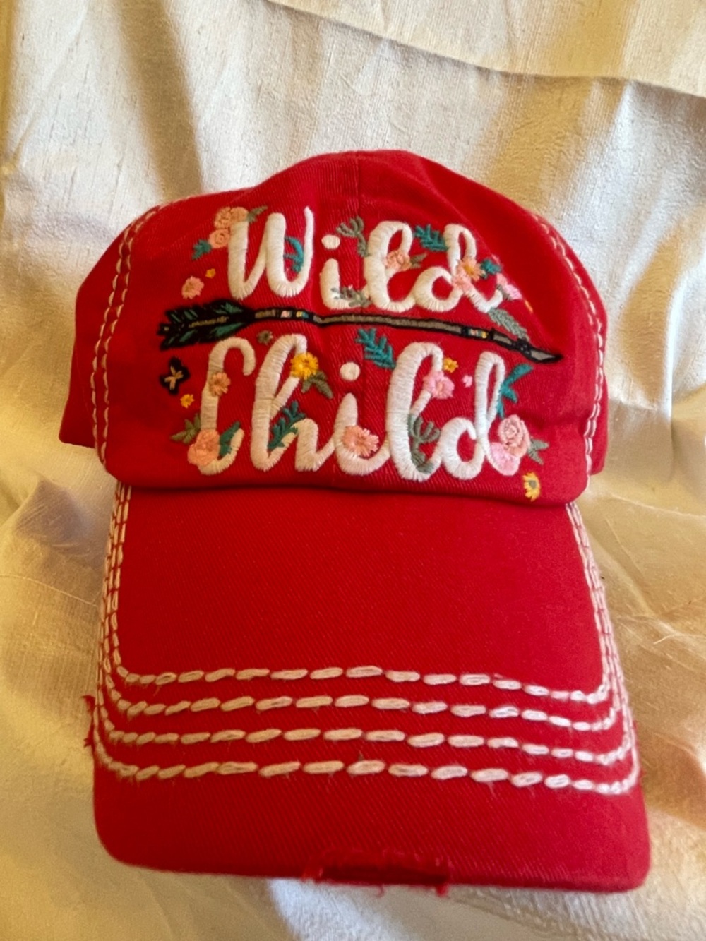 Kbethos “Wild Child” Embroidered Hat Red Floral Distressed Adjustable Cap